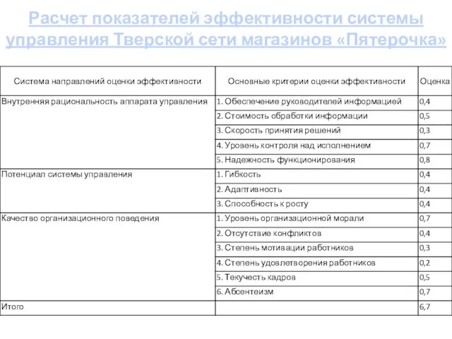 Расчет показателей эффективности системы управления Тверской сети магазинов «Пятерочка»