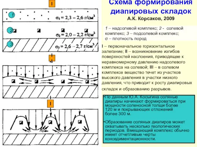 Схема формирования диапировых складок А.К. Корсаков, 2009 I – первоначальное горизонтальное