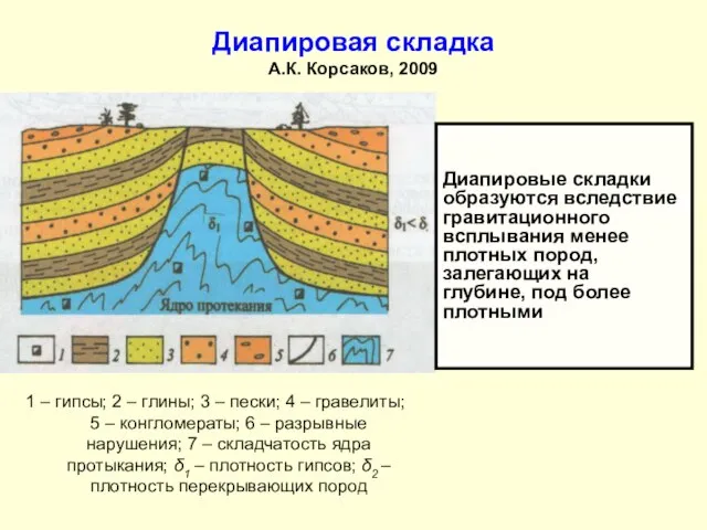 Диапировая складка А.К. Корсаков, 2009 1 – гипсы; 2 – глины;