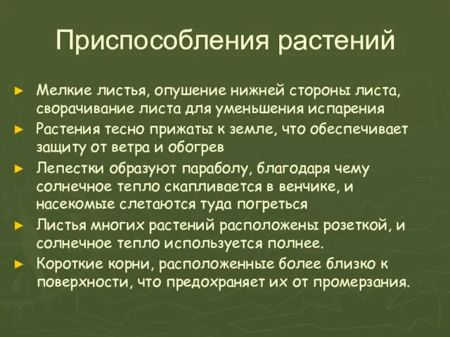 Приспособления растений Мелкие листья, опушение нижней стороны листа, сворачивание листа для