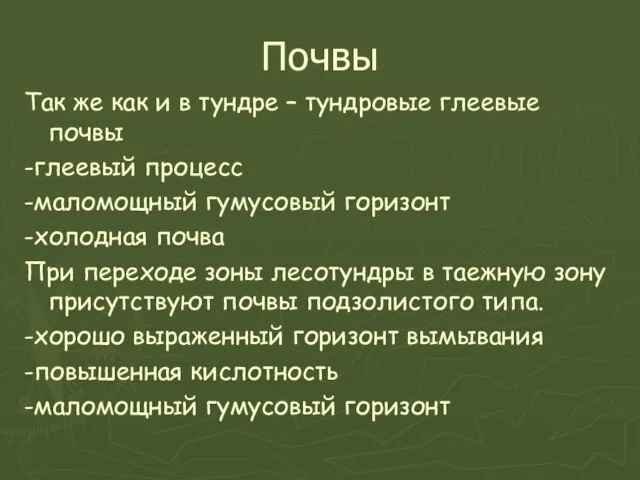 Почвы Так же как и в тундре – тундровые глеевые почвы