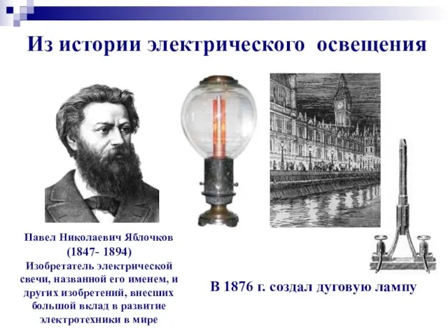 Из истории электрического освещения В 1876 г. создал дуговую лампу Павел