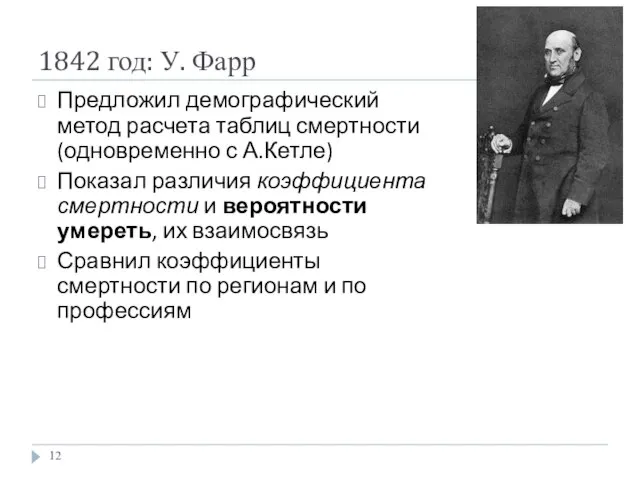 1842 год: У. Фарр Предложил демографический метод расчета таблиц смертности (одновременно