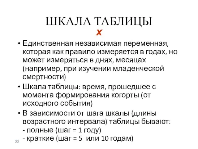 ШКАЛА ТАБЛИЦЫ х Единственная независимая переменная, которая как правило измеряется в