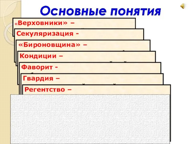 «Верховники» – члены Верховного тайного совета Секуляризация - передача церковных и