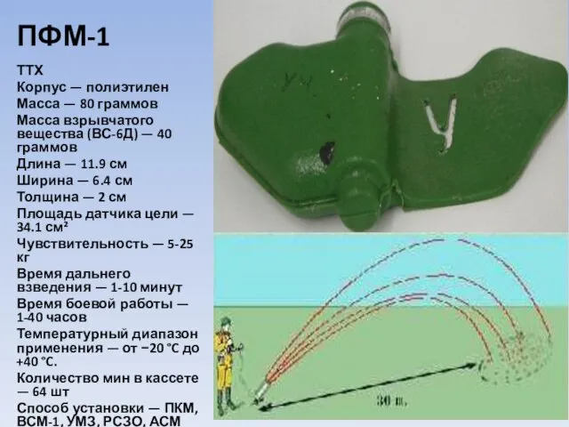 ПФМ-1 ТТХ Корпус — полиэтилен Масса — 80 граммов Масса взрывчатого