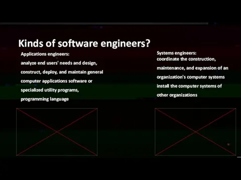 Kinds of software engineers? Applications engineers: analyze end users' needs and