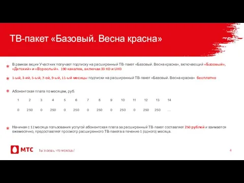 ТВ-пакет «Базовый. Весна красна» В рамках акции Участник получает подписку на