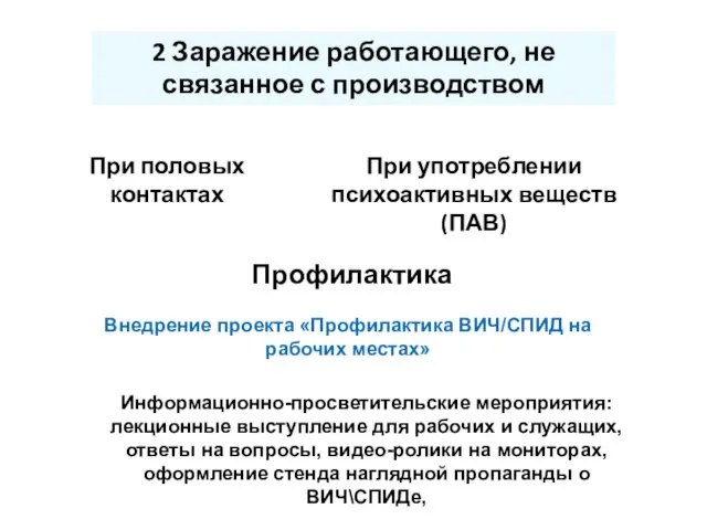 2 Заражение работающего, не связанное с производством При половых контактах При