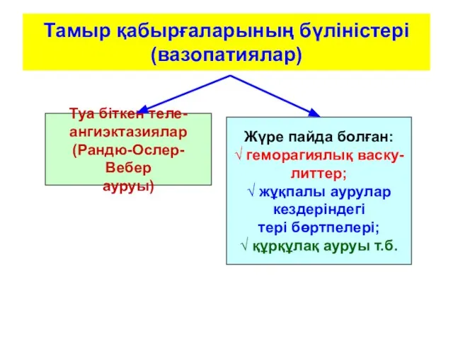 Тамыр қабырғаларының бүліністері (вазопатиялар) Туа біткен теле- ангиэктазиялар (Рандю-Ослер-Вебер ауруы) Жүре