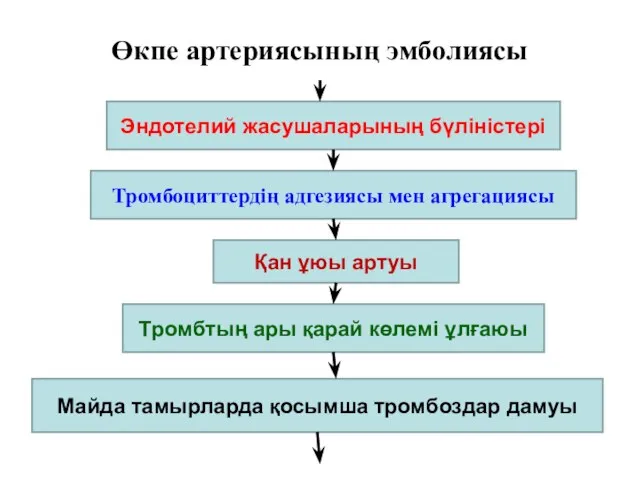 Өкпе артериясының эмболиясы Эндотелий жасушаларының бүліністері Тромбоциттердің адгезиясы мен агрегациясы Қан