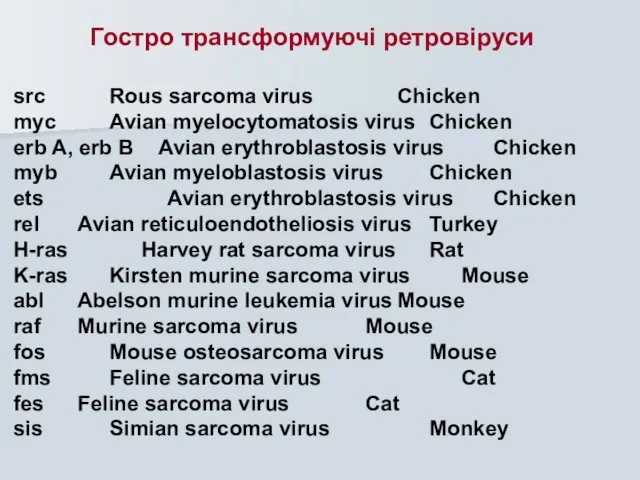 Гостро трансформуючі ретровіруси src Rous sarcoma virus Chicken myc Avian myelocytomatosis