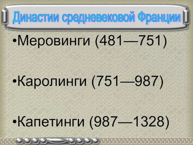 Меровинги (481—751) Каролинги (751—987) Капетинги (987—1328) Династии средневековой Франции