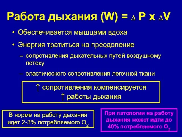 Работа дыхания (W) = ∆ Р х ∆V Обеспечивается мышцами вдоха