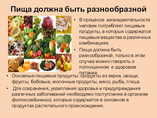 Пища должна быть разнообразной Основные пищевые продукты: продукты из зерна, овощи,