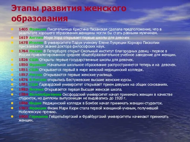 Этапы развития женского образования 1405 Франция Писательница Кристина Пизанская сделала предположение,