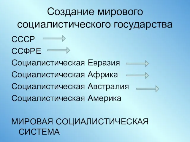 Создание мирового социалистического государства СССР ССФРЕ Социалистическая Евразия Социалистическая Африка Социалистическая