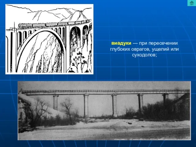 виадуки — при пересечении глубоких оврагов, ущелий или суходолов;