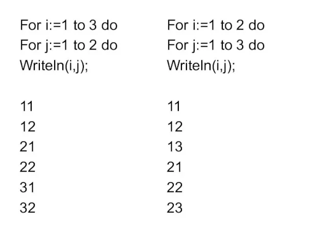 For i:=1 to 3 do For j:=1 to 2 do Writeln(i,j);