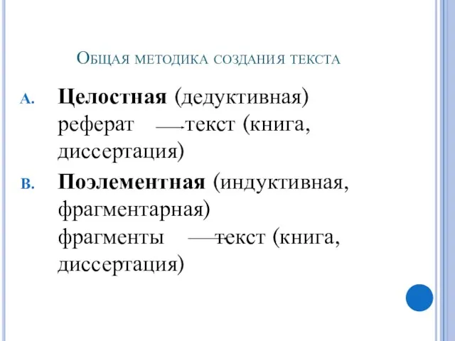 Общая методика создания текста Целостная (дедуктивная) реферат текст (книга, диссертация) Поэлементная