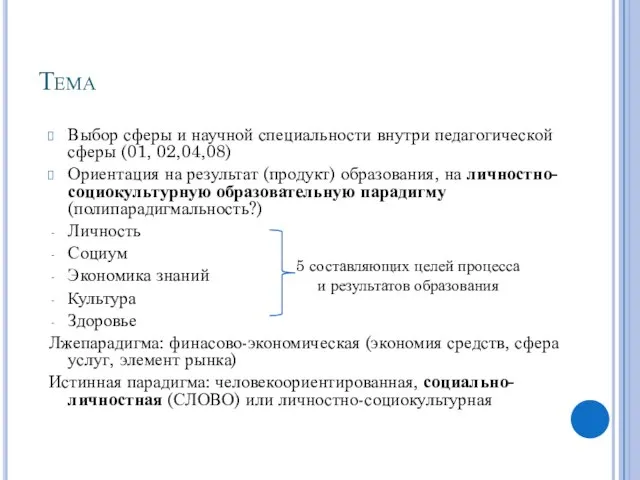 Тема Выбор сферы и научной специальности внутри педагогической сферы (01, 02,04,08)