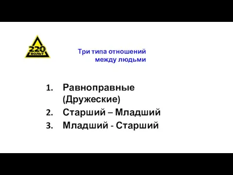 Три типа отношений между людьми Равноправные (Дружеские) Старший – Младший Младший - Старший