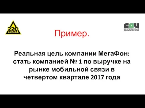 Пример. Реальная цель компании МегаФон: стать компанией № 1 по выручке