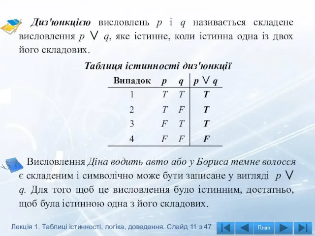 Диз'юнкцією висловлень р і q називається складене висловлення р ∨ q,