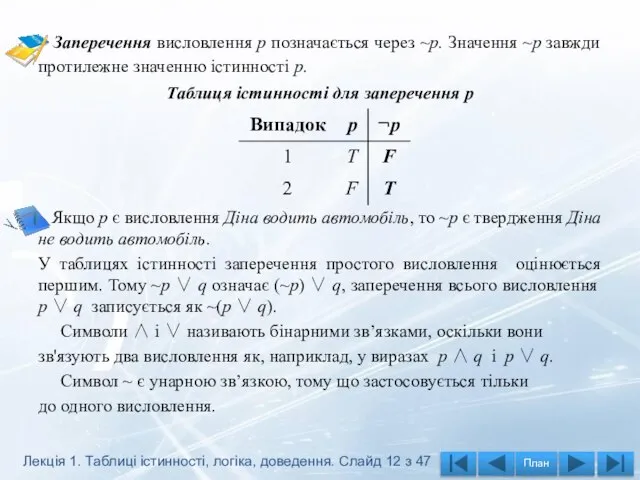 Заперечення висловлення р позначається через ~p. Значення ~р завжди протилежне значенню