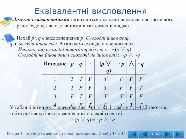 Еквівалентні висловлення Логічно еквівалентними називаються складені висловлення, що мають різну будову,