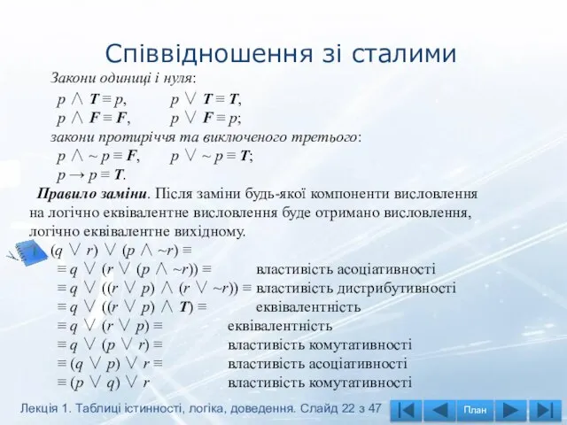 Співвідношення зі сталими Закони одиниці і нуля: p ∧ T ≡