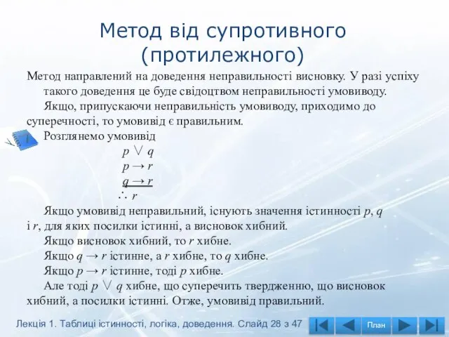 Метод від супротивного (протилежного) Метод направлений на доведення неправильності висновку. У