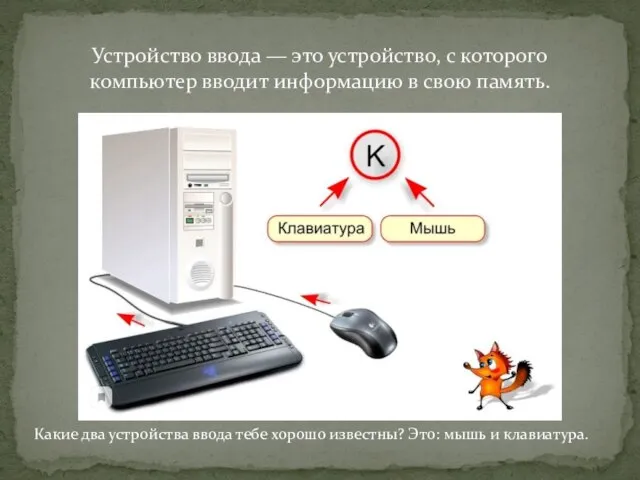 Устройство ввода — это устройство, с которого компьютер вводит информацию в