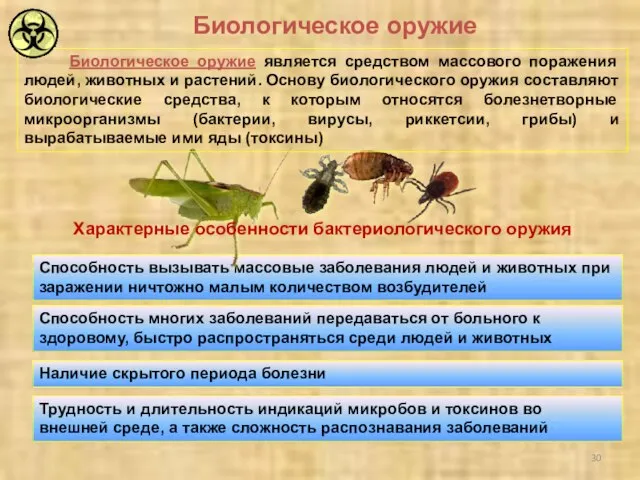 Биологическое оружие Способность вызывать массовые заболевания людей и животных при заражении