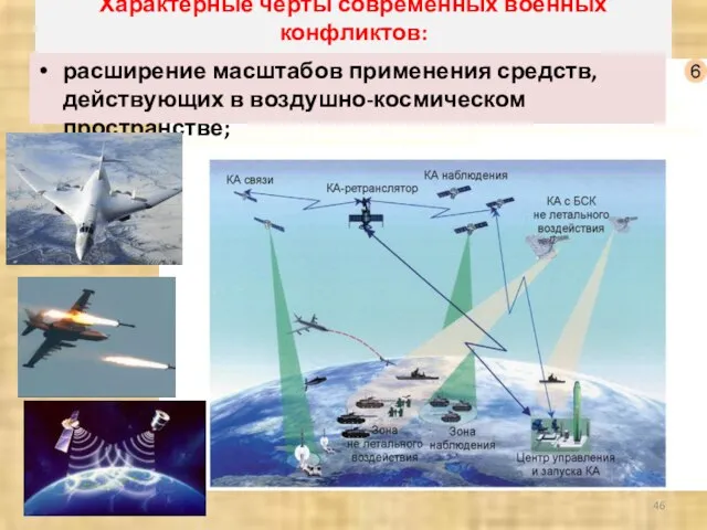 Характерные черты современных военных конфликтов: расширение масштабов применения средств, действующих в воздушно-космическом пространстве;