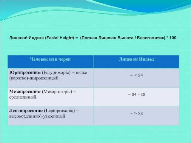 Лицевой Индекс (Facial Height) = (Полная Лицевая Высота / Бизигоматик) * 100.