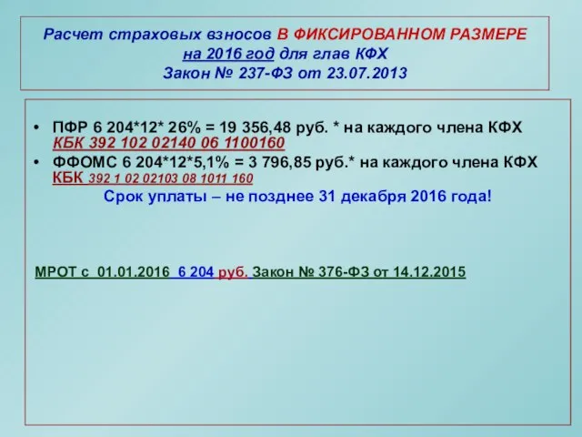 Расчет страховых взносов В ФИКСИРОВАННОМ РАЗМЕРЕ на 2016 год для глав