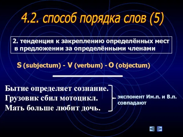 4.2. способ порядка слов (5) 2. тенденция к закреплению определённых мест