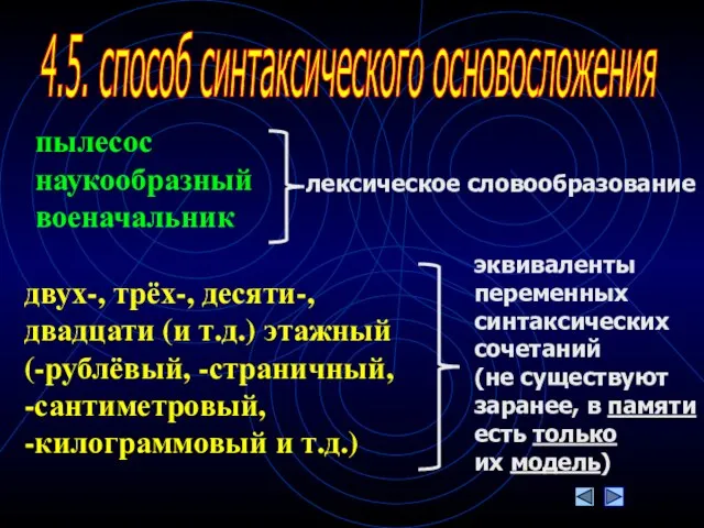 4.5. способ синтаксического основосложения пылесос наукообразный военачальник лексическое словообразование двух-, трёх-,