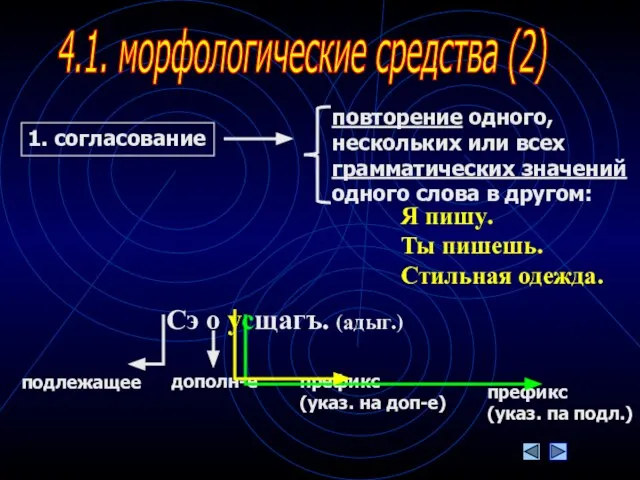 повторение одного, нескольких или всех грамматических значений одного слова в другом: