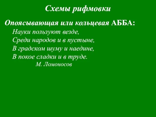 Схемы рифмовки Опоясывающая или кольцевая АББА: Науки пользуют везде, Среди народов