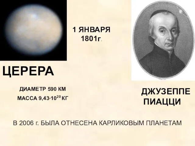 ДЖУЗЕППЕ ПИАЦЦИ ЦЕРЕРА В 2006 г. БЫЛА ОТНЕСЕНА КАРЛИКОВЫМ ПЛАНЕТАМ 1