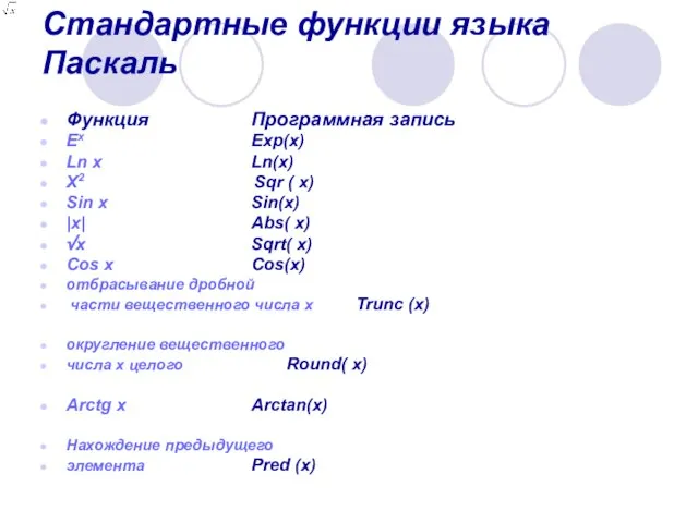 Стандартные функции языка Паскаль Функция Программная запись Ex Ехp(х) Ln x