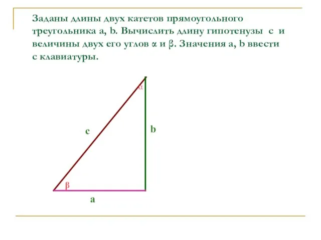 Заданы длины двух катетов прямоугольного треугольника a, b. Вычислить длину гипотенузы