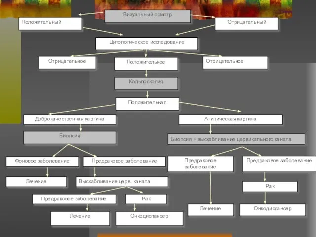 Визуальный осмотр Положительный Отрицательный Цитологическое исследование Отрицательное Отрицательное Положительное Кольпоскопия Положительная