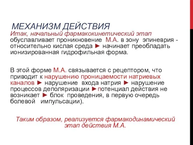 МЕХАНИЗМ ДЕЙСТВИЯ Итак, начальный фармакокинетический этап обуславливает проникновение М.А. в зону