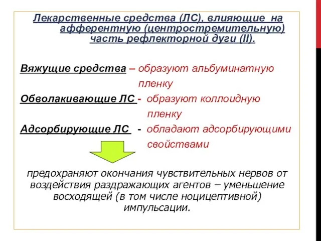 Лекарственные средства (ЛС), влияющие на афферентную (центростремительную) часть рефлекторной дуги (II).