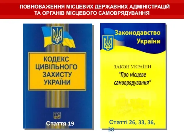 ПОВНОВАЖЕННЯ МІСЦЕВИХ ДЕРЖАВНИХ АДМІНІСТРАЦІЙ ТА ОРГАНІВ МІСЦЕВОГО САМОВРЯДУВАННЯ Стаття 19 Статті 26, 33, 36, 38