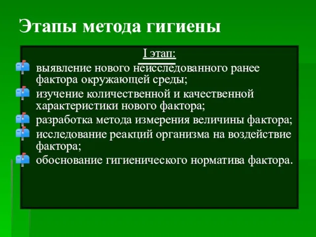 Этапы метода гигиены I этап: выявление нового неисследованного ранее фактора окружающей