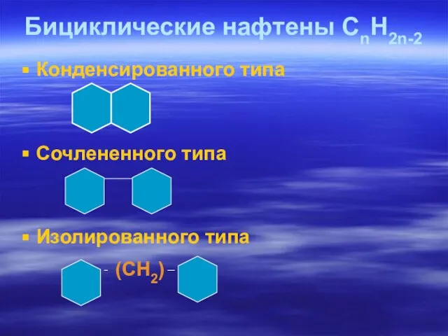 Бициклические нафтены СnH2n-2 Конденсированного типа Сочлененного типа Изолированного типа (CH2)